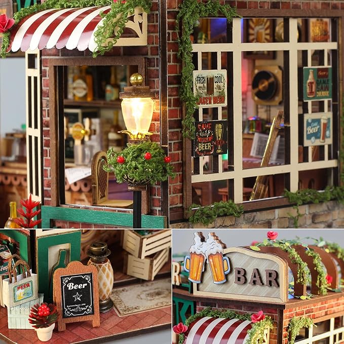 TuKIIE DIY Miniature House Kit with Furniture, 1:24 Scale Creative Room Mini Wooden Christmas Dollhouse Book Nook for Kids Teens Adults(Beer Bar)