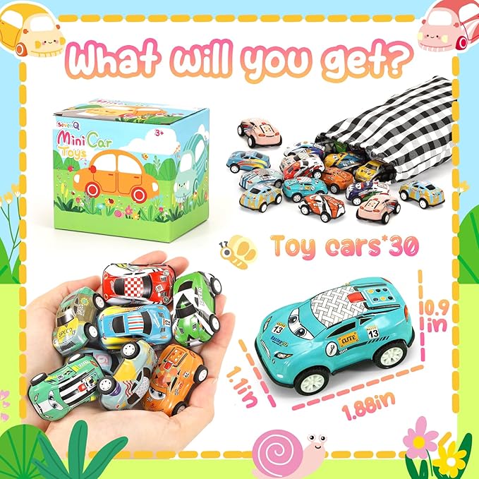 SevenQ Toy Cars for Kids Ages 4-8, 30Pcs Pull Back Cars Playset with Storage Bags, Race Car Party Favors for Toddler Boys Girls Treasure Box Prizes Rewards Mini Toys