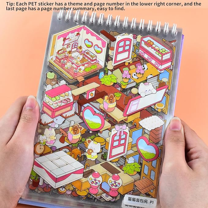 DIY Mini Fun 3D Animal House Scene Stickers Book with Tweezers Make Your Own Bakery Shop Sticker Scenes Cute Micro Stickers for Relief Stress Pass The Time(20 Designs)