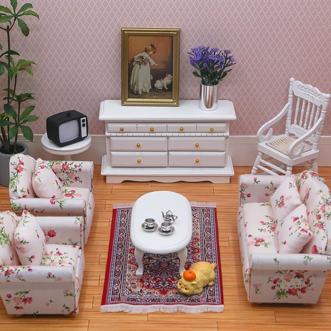 3Pcs 1:12 Dollhouse Side Cabinet Furniture Set, Wooden Miniature Wall Chest Cabinet with Drawers, Art Painting & Potted Plant, Cupboard Doll Accessories for Living Room,Kitchen Bedroom