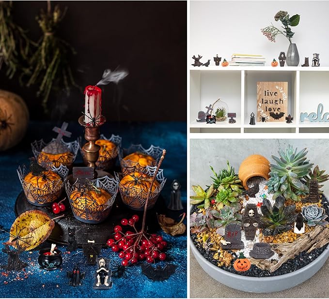 58 Pcs Halloween Mini Figurines Set, Plastic Mini Resin Halloween Miniature Landscape Ornaments Decorations for Dollhouse Accessories Garden Village Collections (Bat)