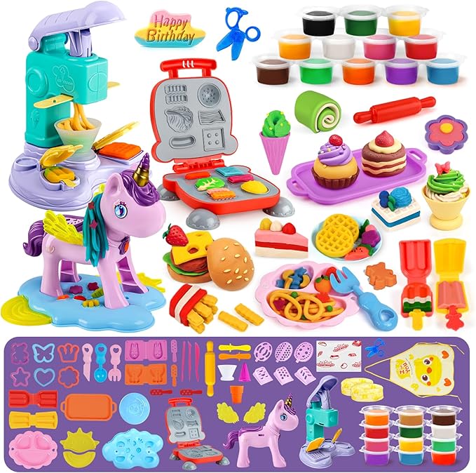 Aprilwolf 60 PCS 3 in 1 Dough Sets for Kids Ages 3-4-8, Art Crafts Dough Tools Kit, Unicorn Hair Stylist, Ice Cream Playset Hamburger Maker Machine, Kitchen Creations Food Play Toys Boys Girls