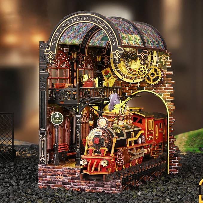 CUTEROOM Book Nook Kit for Adults, 3D Wooden Puzzle DIY Miniature Dollhouse Booknook Kit with LED Light, Tiny House Building Kit for Bookshelf Insert Decor -Zero Platform for Christmas Birthday Gift