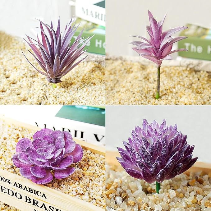 Woohome 15 PCS Artificial Succulent Plants, Purple Fake Succulent, Unpotted Faux Succulent Assortment in Flocked Blue in Different Type for Birthday Home Decor Indoor Wall Garden DIY
