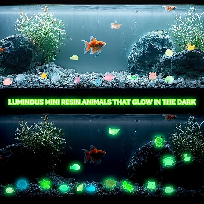 100Pcs Luminous Mini Resin 15 Styles Tiny Animals Sea Animals Figurines Glow in The Dark Miniature Animals for DIY Fish Tank Potted Micro Dollhouse Landscape Aquarium Decorations