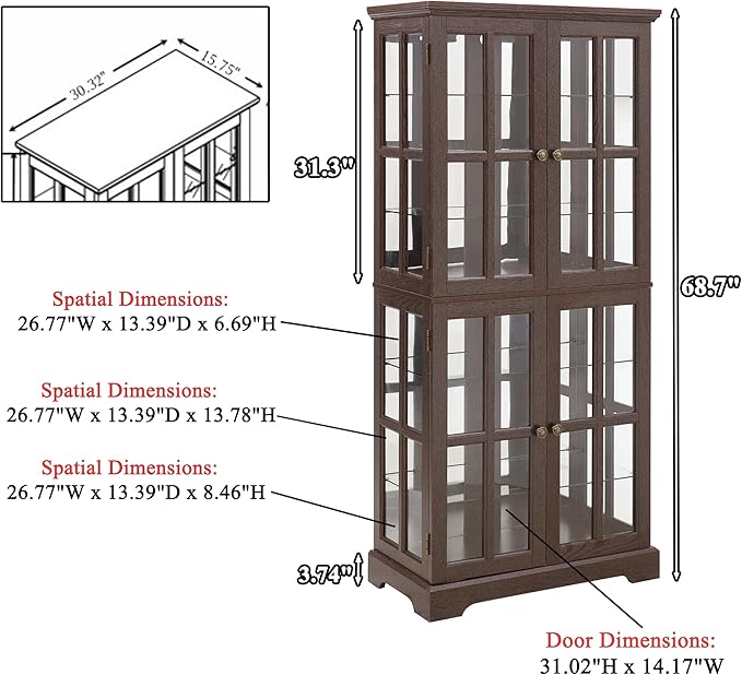 68" H Glass Curio Display Cabinet with Light, 6-Tier Wooden Storage Showcase w/ 4 Glass Doors & Adjustable Shelves, Vintage Accent Cabinet w/Mirrored Back Pane for Home & Office (Cherry)