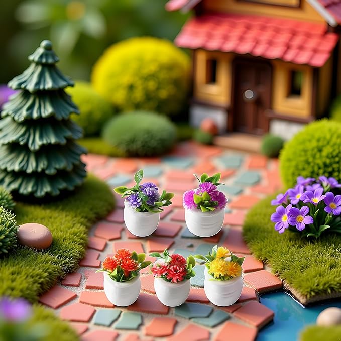 5 Pcs Colorful Miniature Dollhouse Flowers Mini Faux Potted Flowers Tiny Fairy Garden Flowers Doll House Garden Plants Mini Artificial Flower Plants Small Fake Plants