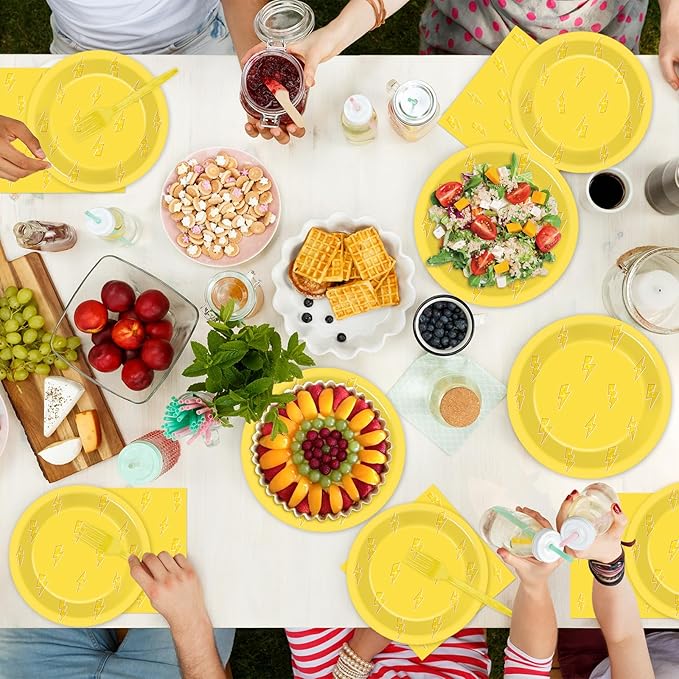 96PCS Lightning Bolt Birthday Party Decorations Lightning Paper Plates Napkins Yellow Cartoon Tableware Flash Weather Dinnerware Supplies for Birthday Baby Shower Wedding Party Favors Serve 24 Guests