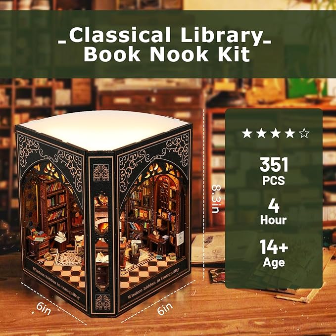 Book Nook Kit – 3D Wooden Puzzle Miniature Dollhouse, DIY Craft for Teens and Adults, Vintage Design with LED Lights and Touch Switch（Classical Library）