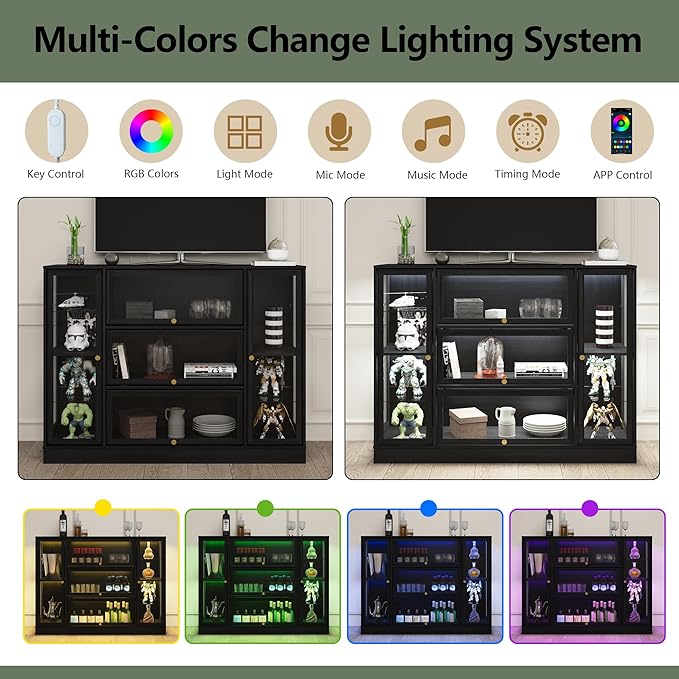 Display Cabinet with Acrylic Glass Doors,Extra Wide Curio Cabinet with LED Lighting for Collectibles, Collectibles Toy Organizers Rack & Display Shelf Display Case, Black