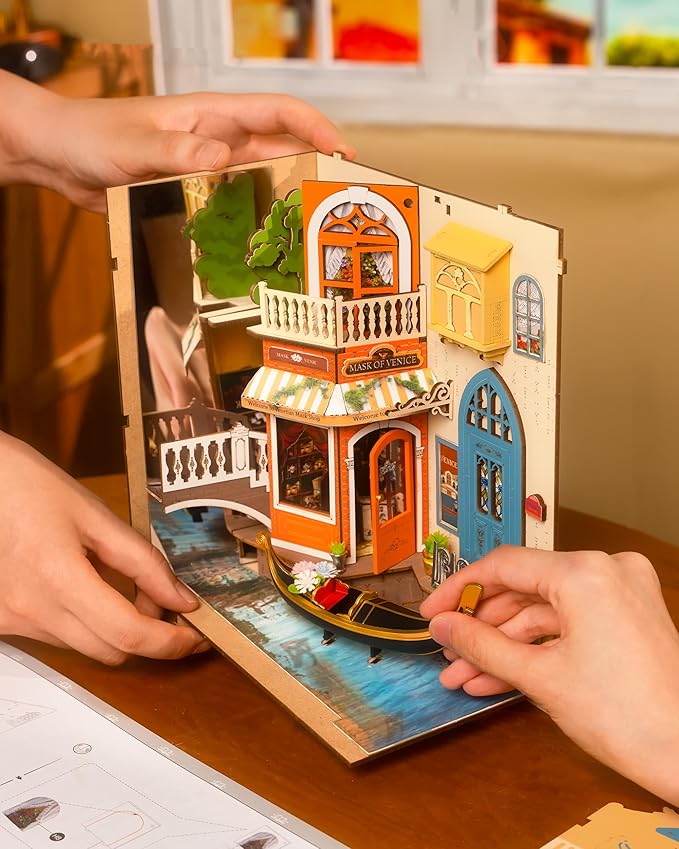 ROBOTIME Book Nook Kit with Dust Cover DIY Miniature House with LED 3D Wooden Puzzle Booknook Bookshelf Insert Decor Bookend Model Craft Hobby Gift for Teens and Adults (Romantic Venice)