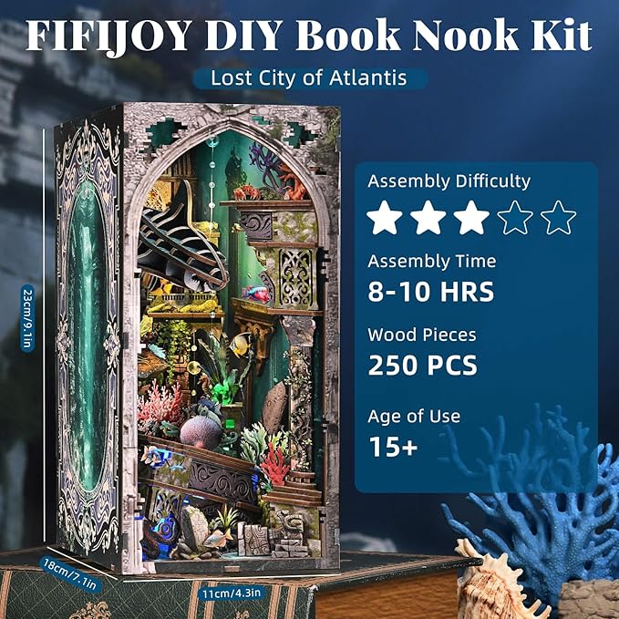 Book Nook Kit - DIY Miniature Dollhouse Kit for Adults and Teens, 3D Wooden Puzzle Bookend with LED Light, Creative Bookshelf Decor Gifts for Family and Friends (Lost City of Atlantis)