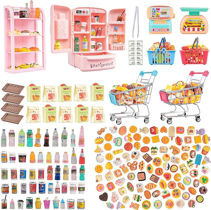 180 Pcs Dollhouse Miniature Kitchen Accessories Shopping Cart Basket Mini Food Drinks Dollhouse Store Grocery Supermarket Metal Handcart Party Model Shelves Cash Register Refrigerator