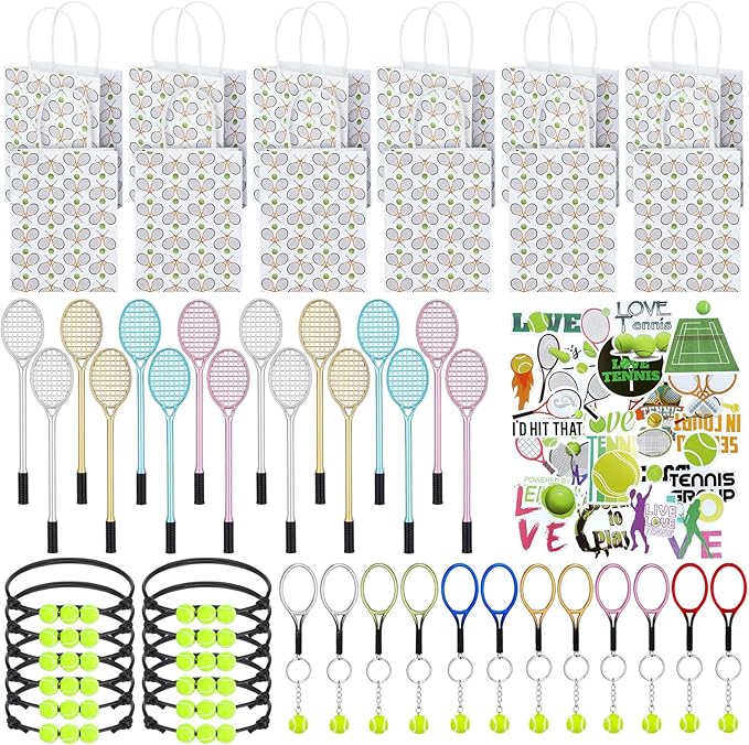 Huquary 98 Pcs Tennis Party Favors, Tennis Party Decorations Includes 50 Stickers 12 Mini Racket Keychain 12 Charm Bracelets Racket Shape Pens Paper Bags