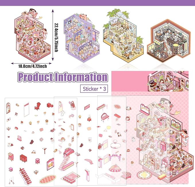 DIY 3D House Stickers, 4 Set Fun DIY Stickers Scene Make Your Own Warm Home, Supermarket, Coffee Shop, Music Bar, Cute 3D Cartoon Scene Sticker for Adult Kids Relief Stress Pass The Time(XMPLUS3.0)