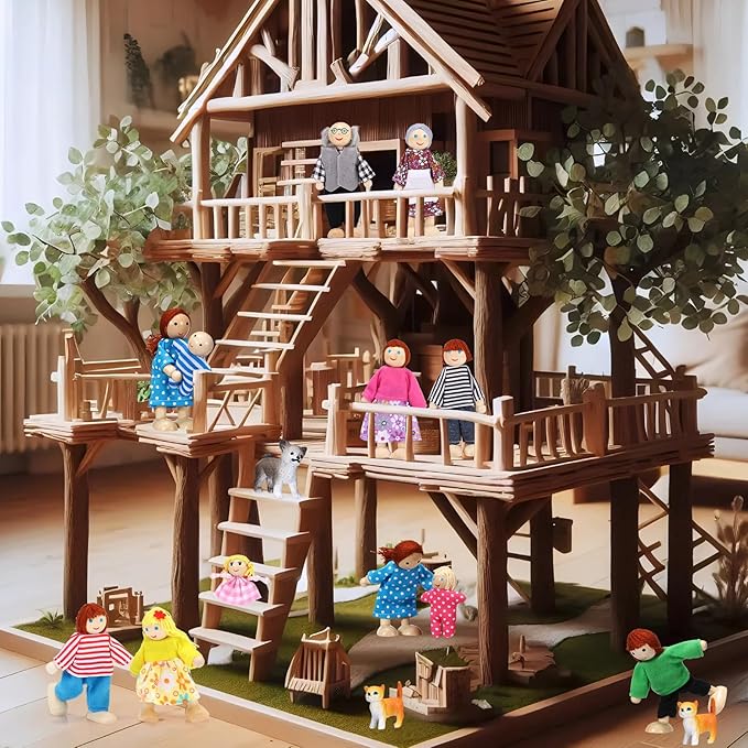 Skylety 20 Pcs Wooden Dollhouse Family Set of 16 Mini People Figures and 4 Pets, Wooden Dollhouse Dolls Cosplay Family Figures Accessories for Pretend Toy(Rustic Style)