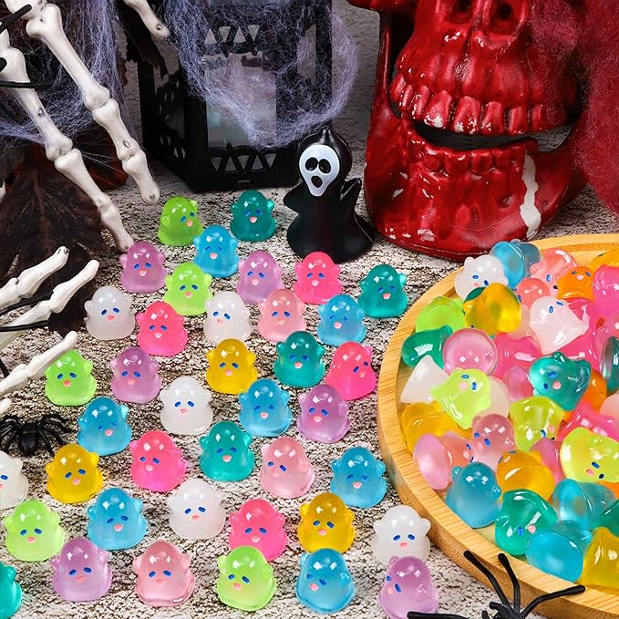 132pcs Halloween Luminous Mini Ghosts Figures 8 Colours Glow in The Dark Miniature Resin Ghost Figurines to Hide Bulk Tiny Small Statue for Halloween Party Favors Micro Garden Dollhouse Decorations