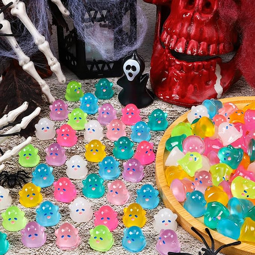 132pcs Halloween Luminous Mini Ghosts Figures 8 Colours Glow in The Dark Miniature Resin Ghost Figurines to Hide Bulk Tiny Small Statue for Halloween Party Favors Micro Garden Dollhouse Decorations