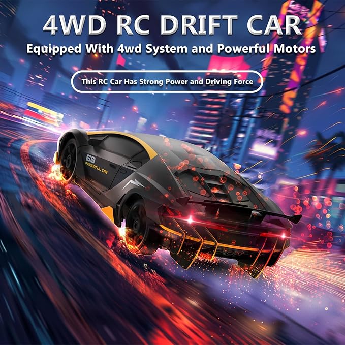 RC Drift Car 1:24 Remote Control Car 4WD 15KM/H High Speed Racing Sport Car with LED Lights RC Cars Toy for Kids Boys Girls Adults Gifts Birthday Christmas Rechargeable Batteries (Black-1)