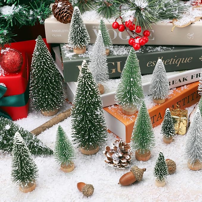 30Pcs Mini Christmas Tree Decor, Artificial Christmas Tree 5 Sizes,Mini Sisal Snow Frost Trees with Wooden Base for Christmas Decor Christmas Party Home Table Craft Decorations (A-Green/Silver)