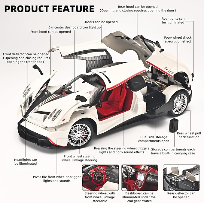 Car Toys for Boys 1 18 Scale Diecast Cars Compatible for Pagani Huayra Dinastia Model Car Kits Collection,Metal Pull Back Cars with Light and Sound,Toy Cars for Boys Age 4-7（White）
