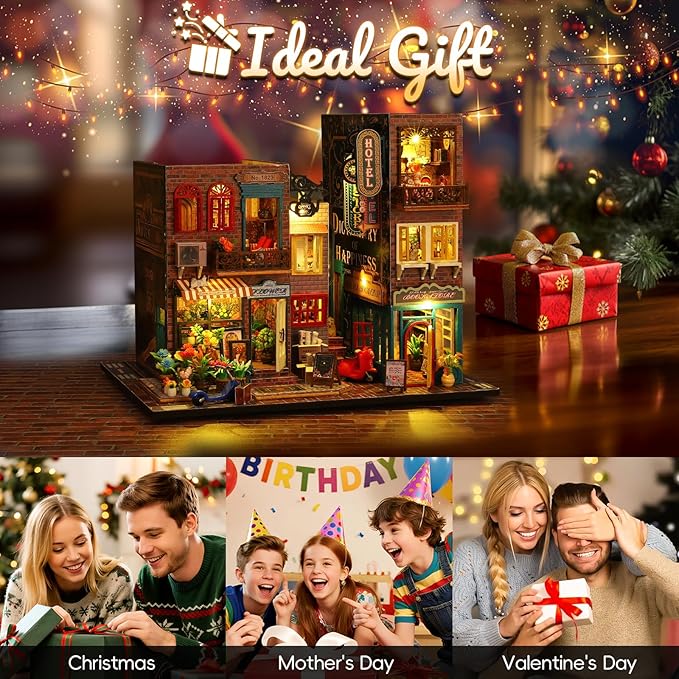 DIY Miniature House Kit, Tiny 3D Wooden Street Scene, Mini Dollhouse Bookshelf Decor Kit with Dustproof Cover & Music Movement, Creative House Craft for Adults, Gift for Family and Friends