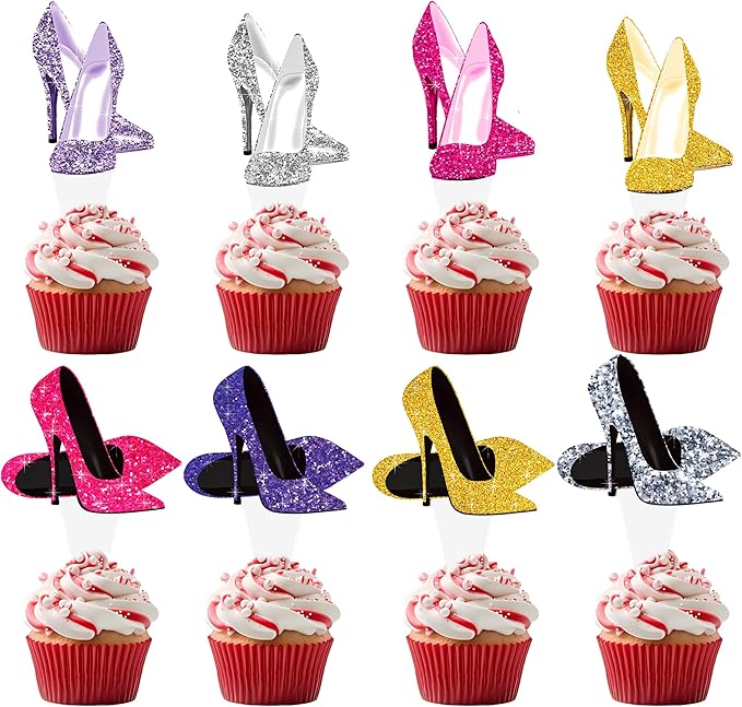 High Heels Cupcake Toppers 48Pcs High Heel Cake Decorations Colorful Stiletto Shoes Birthday Party Decorations Makeup Cupcake Picks for Queen Bachelorette Bridal Shower Supplies