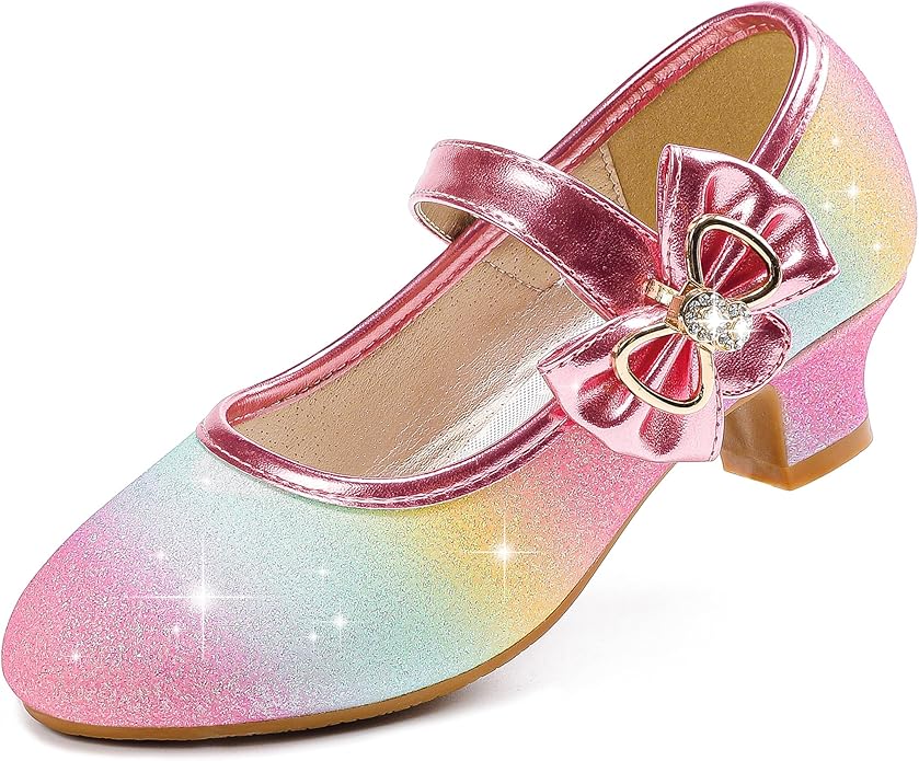 Dufannie Girls Dress Shoes Low Heel Princess Flats Mary Jane Flower Wedding Party Glitter Shoes for Kids Toddler