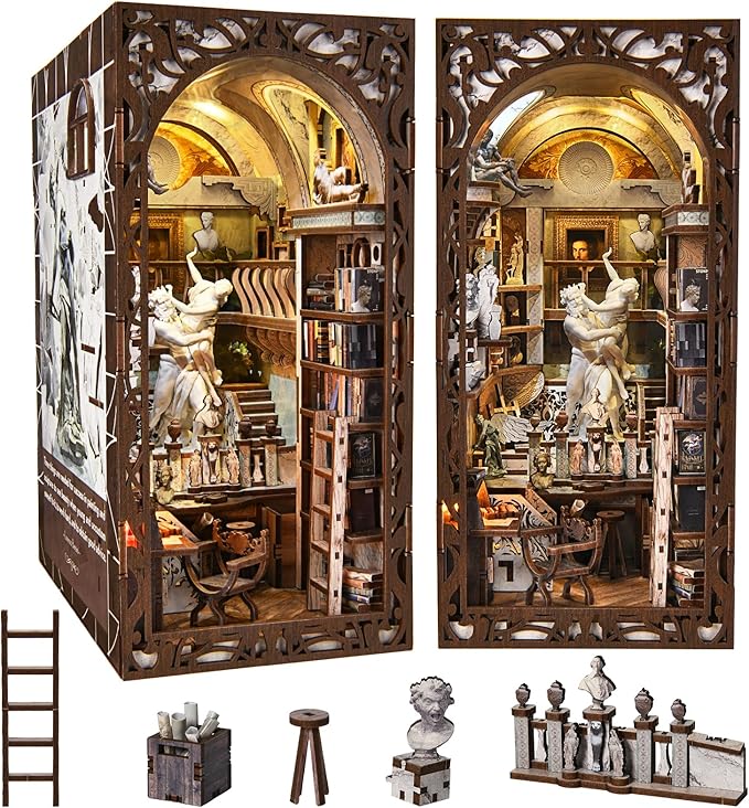 Book Nook Kit, DIY Doll House Booknook, Miniature Kit for Bookshelf Doll Houses for Adults Teen Halloween, 3D Wooden Puzzle Bookends with Led Light and Dust Cover (Bernini's Workshop)