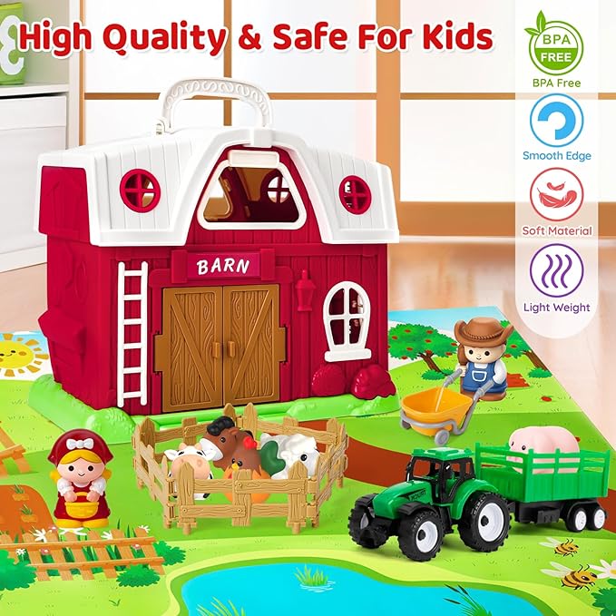 Farm Animal Toys for 1 2 3 Year Old Toddlers, Big Red Barn with Farm Mat & Animals & Tractor Toy for Boys Girls, Montessori Learning Interactive Barn Set for Kids 1-3, Ideal Christmas Birthday Gifts