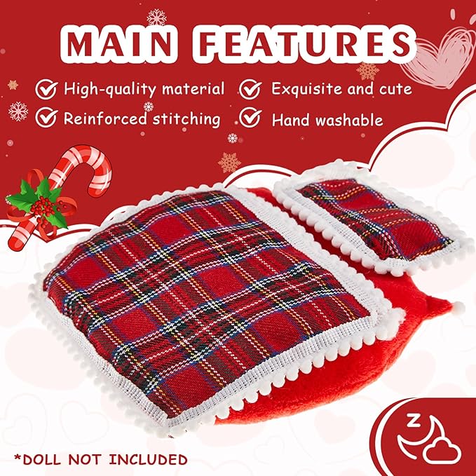4 Pcs 17cm Doll Accessories Christmas Bedding Set Include Mattress Checkered Pillow Plaid Blanket and Slippers Bed House Furniture Heart Crown Designs (No Doll)