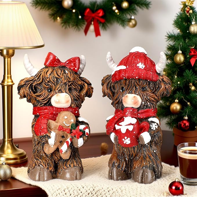 Burbell 2 Pcs Christmas Highland Cow Figurines Decor Cow Gnomes with Santa Hat Christmas Resin Statue Calf Lovers Gifts for Farmhouse Home Garden Bathroom Kitchen Office Tiered Tray Table Decor