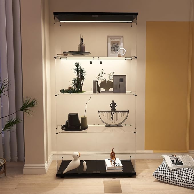 Display Cabinet with Glass Doors, 4-Tier Curio Cabinet with LED Lights for Collectibles (2700K-6000K), Glass Display Case with Remote Control