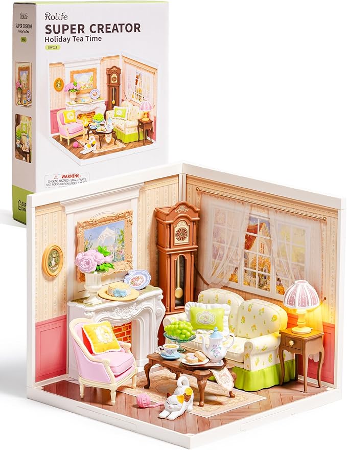 Rolife Super Creator Kits, Tiny House Building Blocks for Little Dolls, DIY Plastic Mini House Model Building Kits for Teens Aged 14+, DIY Crafts/Hobbies for Adults (Holiday Tea Time)
