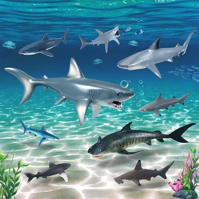15 Pcs Plastic Shark Toys - Assorted Ocean Animal Figurines, Realistic Bath Toys, Sea Creature Figures, Marine Animals for Kids Birthday Party Favor, Cake Topper, Cognitive Toy