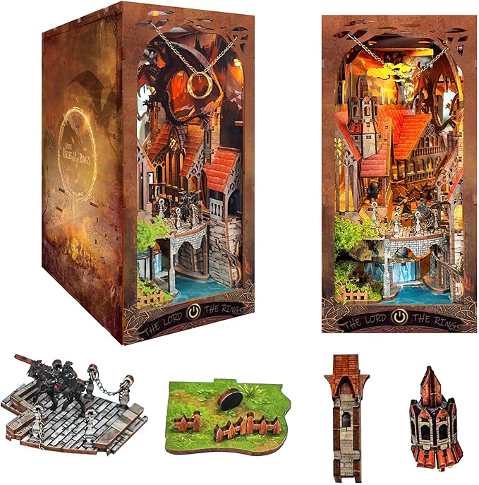 DIY Book Nook Kit, 3D Wooden Puzzle Miniature House Kit for Book Nook Shelf Insert Decoration, Magic Book House Stand Bookend Dollhouse for Adults - Spirit Valley of The Magic Ring (SQ-05)