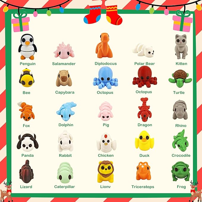 25 pcs Animal Figurines, 3D Printed Animal Figurines Set, Articulated, Party Favors, Pocket Fidget Toys Bulk, Goodie Bag Stuffers, Valentines Day Gifts for Boys Girls Toddlers, Classroom rewards