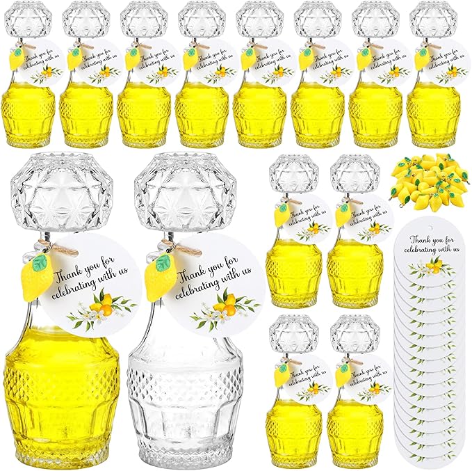 Chuangdi 16 Sets Mini Limoncello Glass Bottles Limoncello Bottles with Labels 1.7 oz Lemon Pendants Lemon Party Favors for Homemade Brewing Wedding Baby Shower Gifts(Fresh)