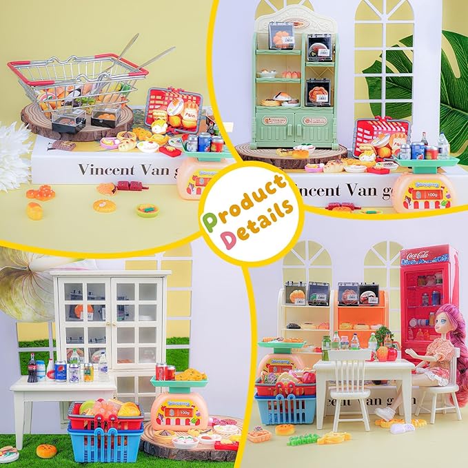 199PCS Mini Shopping Basket Cash Register Cake Donuts Storage Box Shelves Miniature Food Drink Toy Supermarket Metal Handcart Dollhouse Store Grocery Dessert Shop Accessories Trolley Party Model