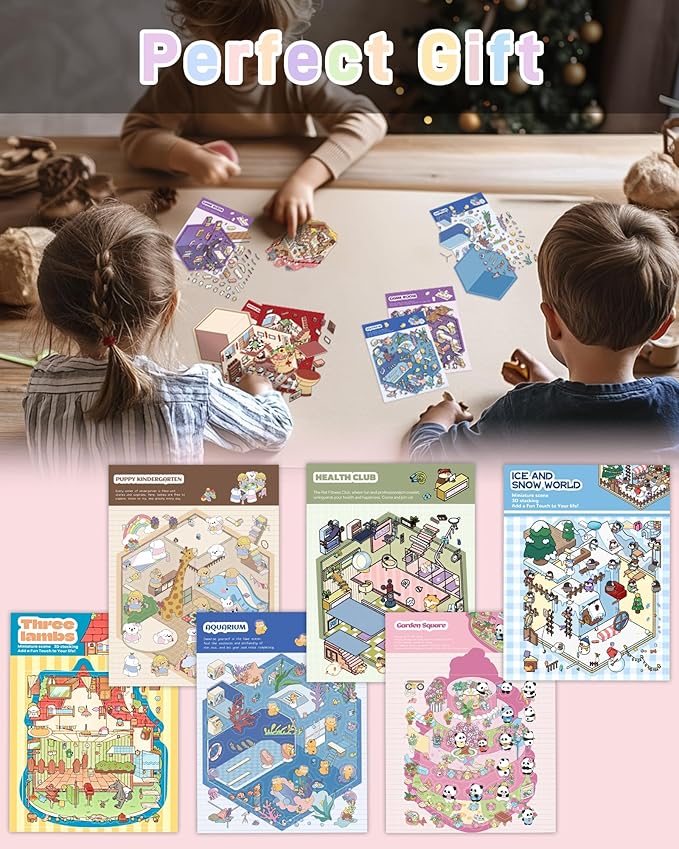 DIY 3D Sticker Scene 6 Sets of Stickers for Kids, Make Your Own Mini Room Scene Stickers for Girls,Cute Cartoon Animal Sticker Therapy for Adult,Relief Stress Pass The Time, Party Favors Christmas Fun