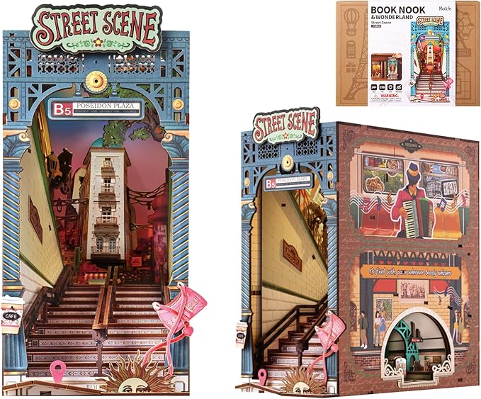 Rolife DIY Book Nook Kits for Adults, Miniature Dollhouse Booknook Kit, 3D Wooden Puzzle Creative Decorative Bookends Bookshelf Diorama Insert Crafts Hobbies Gifts (Street Scene)