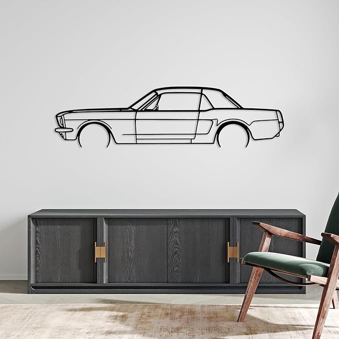 DecoSoul Mustang Metal Car Wall Art, Sports Car, Automotive Silhouette Line Decoration, Minimalist Sculpture for Garage, Indoor Outdoor Wall Hanging, Gift for Boyfriend (Black - 25 x 6.9” inch)