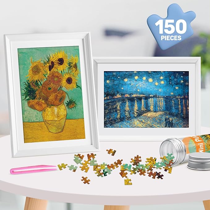 234 Pieces Mini Puzzles for Adults & Kids, 6'' x 4'' Small Puzzles Capsule Tube, Starry Night Over The Rhone Starry Night Sunflowers 3 Pack