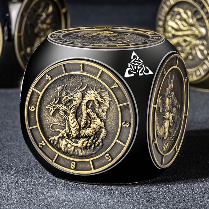 7 in 1 Unique Spinner DND Dice Set D&D, Metal Cube D and D Dice with Gift Box, Dungeons Dragons Role Playing Dice, Black Bronze