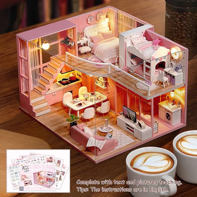 TuKIIE DIY Miniature Dollhouse Kit with Furniture, 1:24 Scale Creative Room Mini Wooden Christmas Doll House Accessories Plus Dust Proof & Music Movement for Kids Teens Adults(Dream Angels)