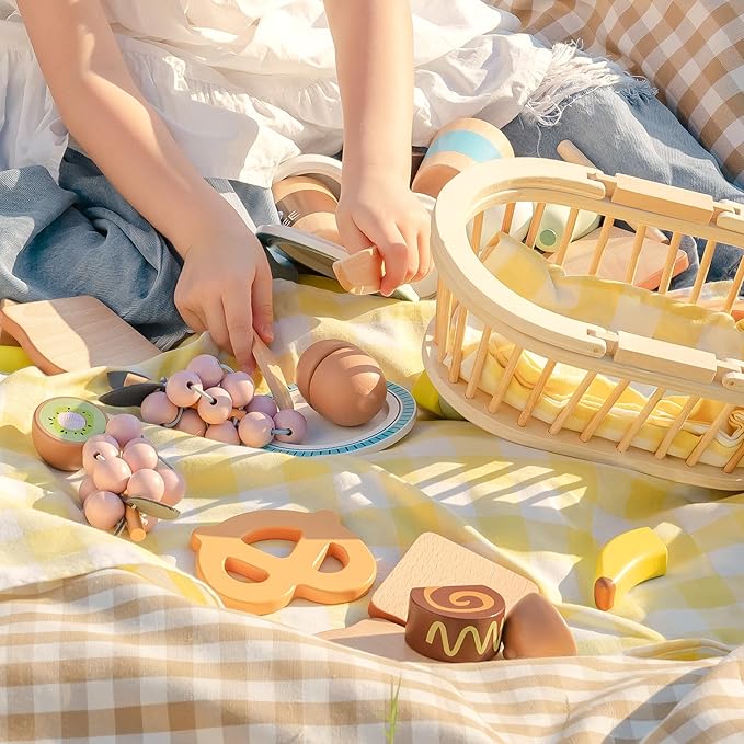 ROBOTIME Wooden Play Food Sets for Kids Kitchen, 14 PCS Toy Food Pretend Play Picnic Basket with Fruits, Desserts, Drinks & Utensils, Play Kitchen Food for Indoor & Outdoor Camping Fun, Ages 3+