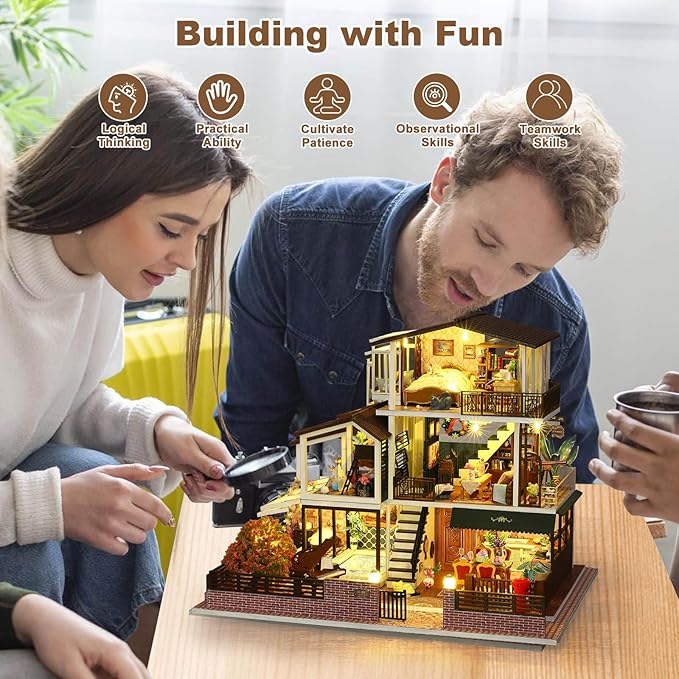 DIY Miniature House Kit, Tiny 3D Wooden European Retro Villa, Mini Dollhouse Building Kit with Dustproof Cover & Music Movement, Creative House Craft for Adults, Gift for Family and Friends
