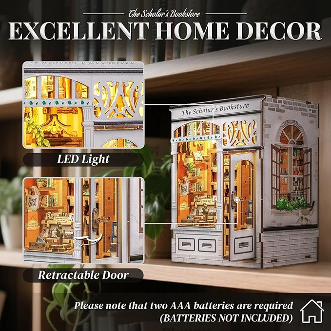 Cutefun Book Nook Kit - DIY Miniature Dollhouse Kit 3D Creative Decorative Bookend 3D Wooden Puzzle for Adults, Bookshelf Insert Library Decor with LED Light (The Scholar's Bookstore)
