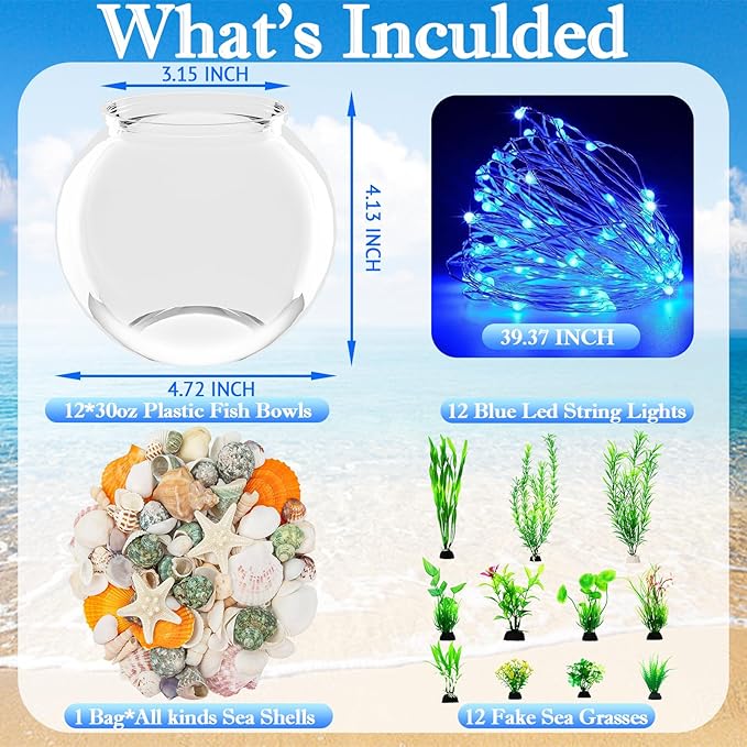 12 Set 30 oz Plastic Fish Bowl for Centerpieces Beach Sea Nautical Party Decorations, Plastic Fish Bowls with Blue Lights, Fake Sea Grass and Blue Sand(with Sand)