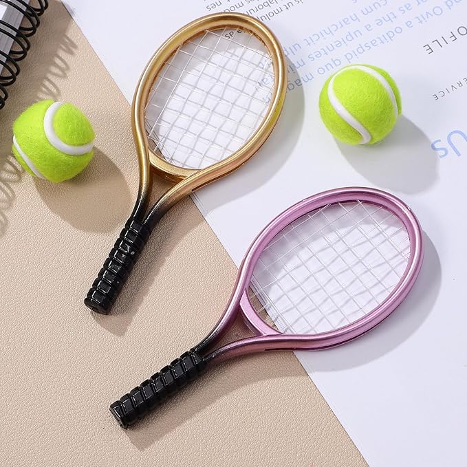NUOBESTY 2 Sets Miniature Tennis Rackets and Balls Model Mini Plastic Tennis Racket and Ball Toys for Decor Random Color